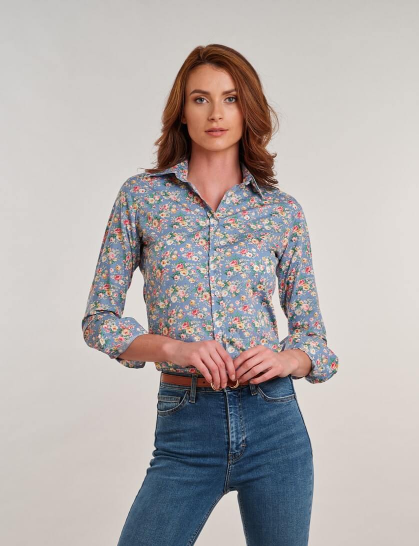 Ladies Blue Floral Shirt, Blue Floral Blouse