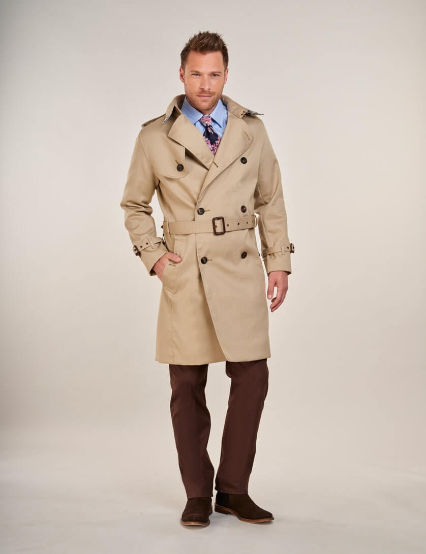 Beige trench coat  with brown chinos and cotton tie 