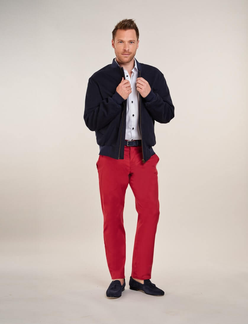 Moleskin Bomber Jacket with red chinos 