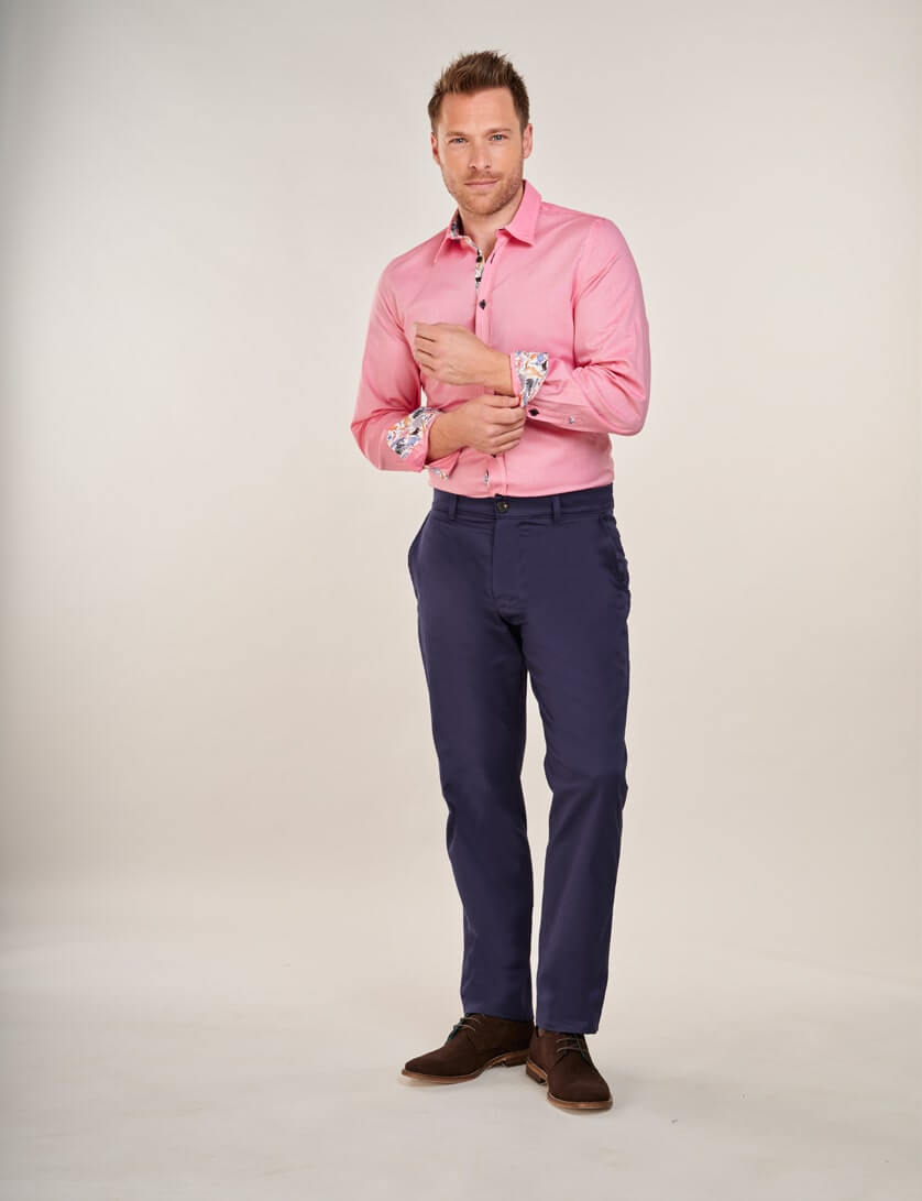 pink shirt with navy chinos 
