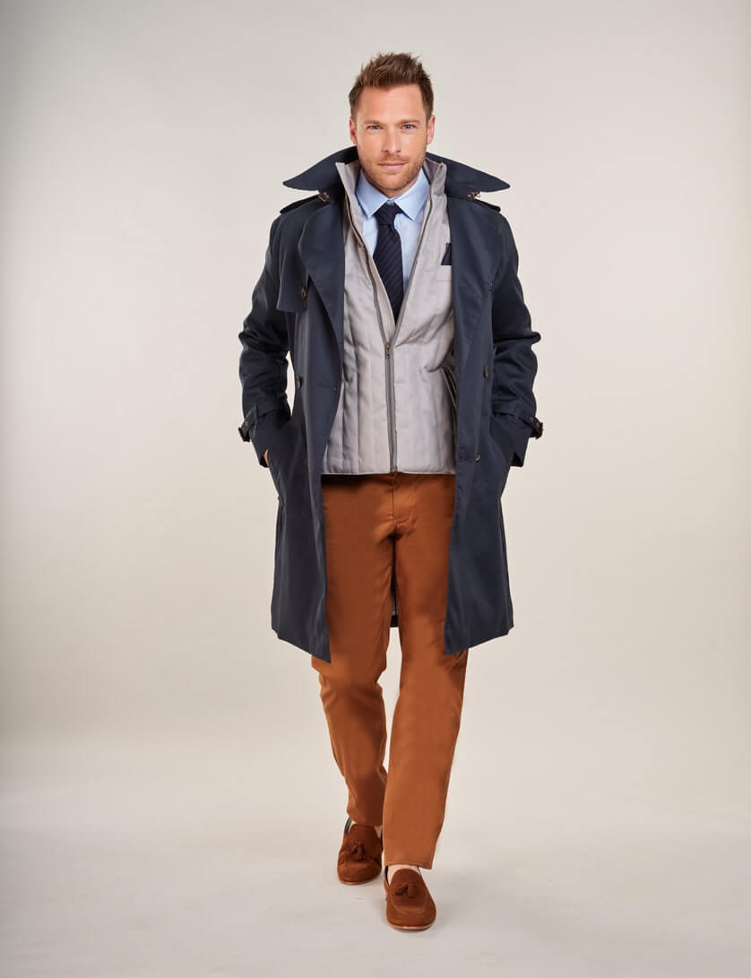 Tobacco Chinos with navy trench coat