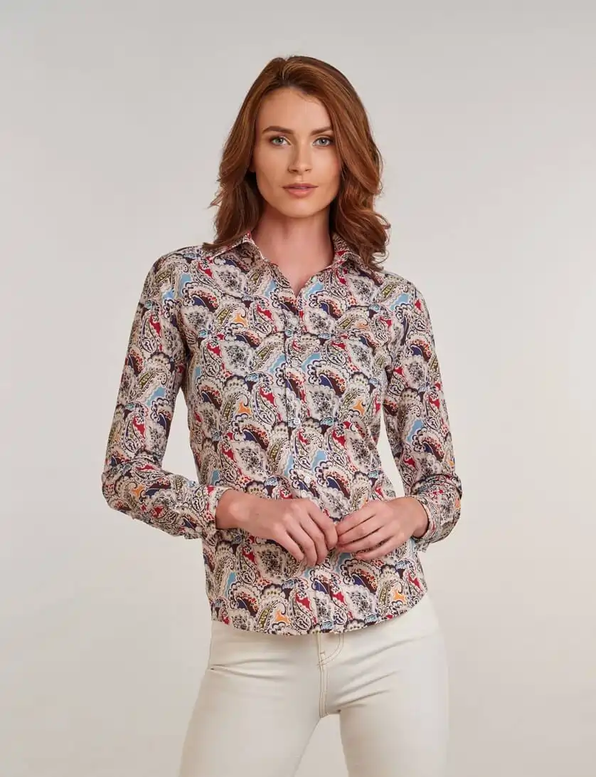 womens paisley printed shirt with white denim jeans