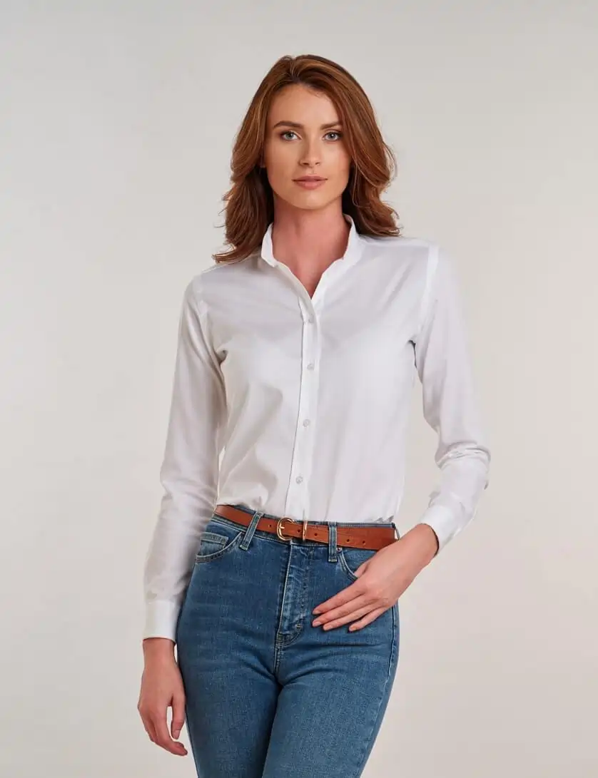 white collarless blouse