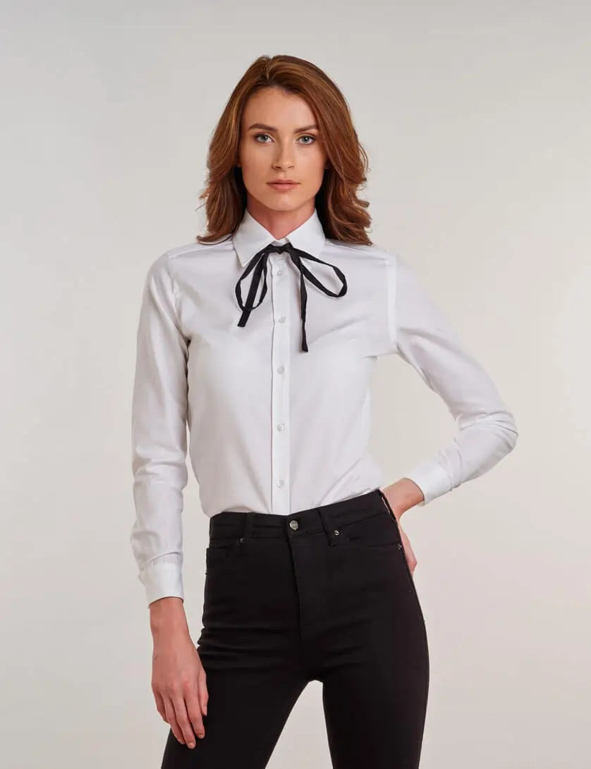white shirt with black bow 