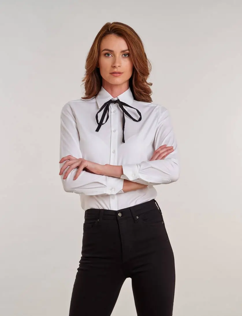 white blouse with black bow