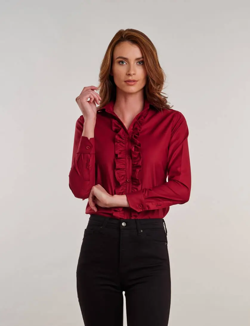 red ruffle blouse with jeans 
