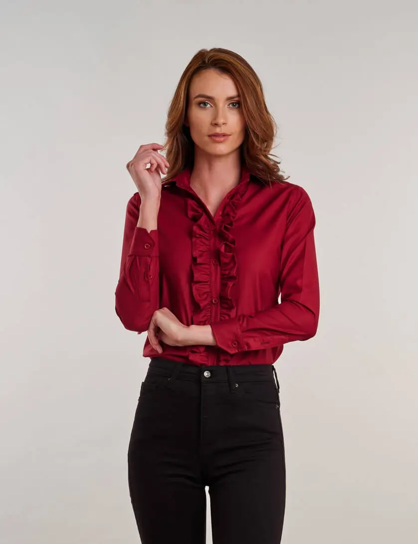 red ruffle blouse