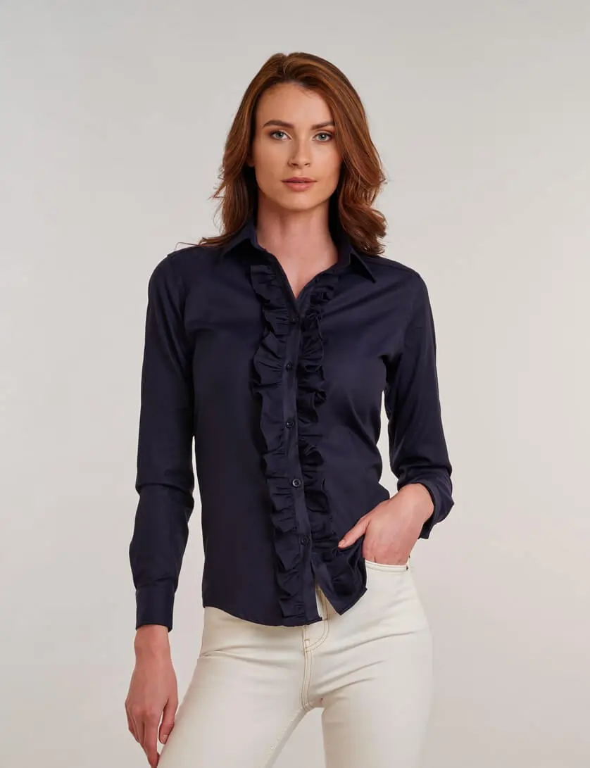 navy ruffle blouse