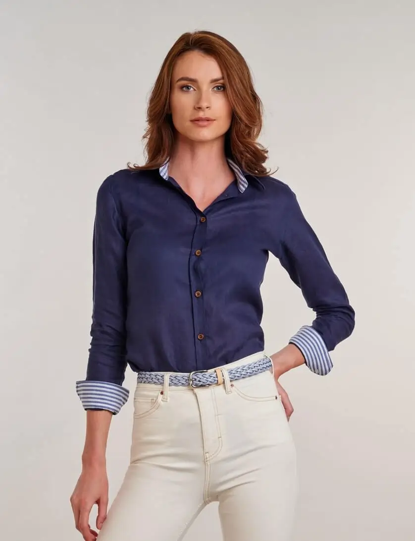 womens navy blue linen blouse