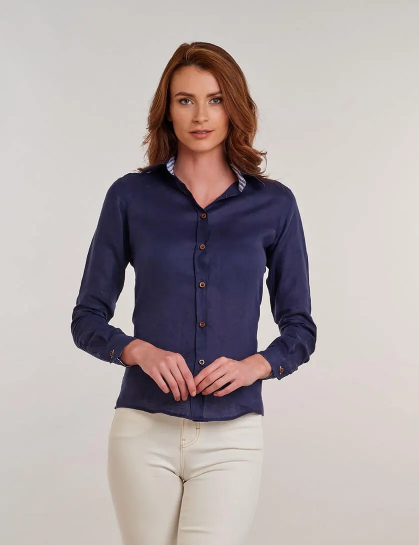 Ladies Navy Linen Shirt 
