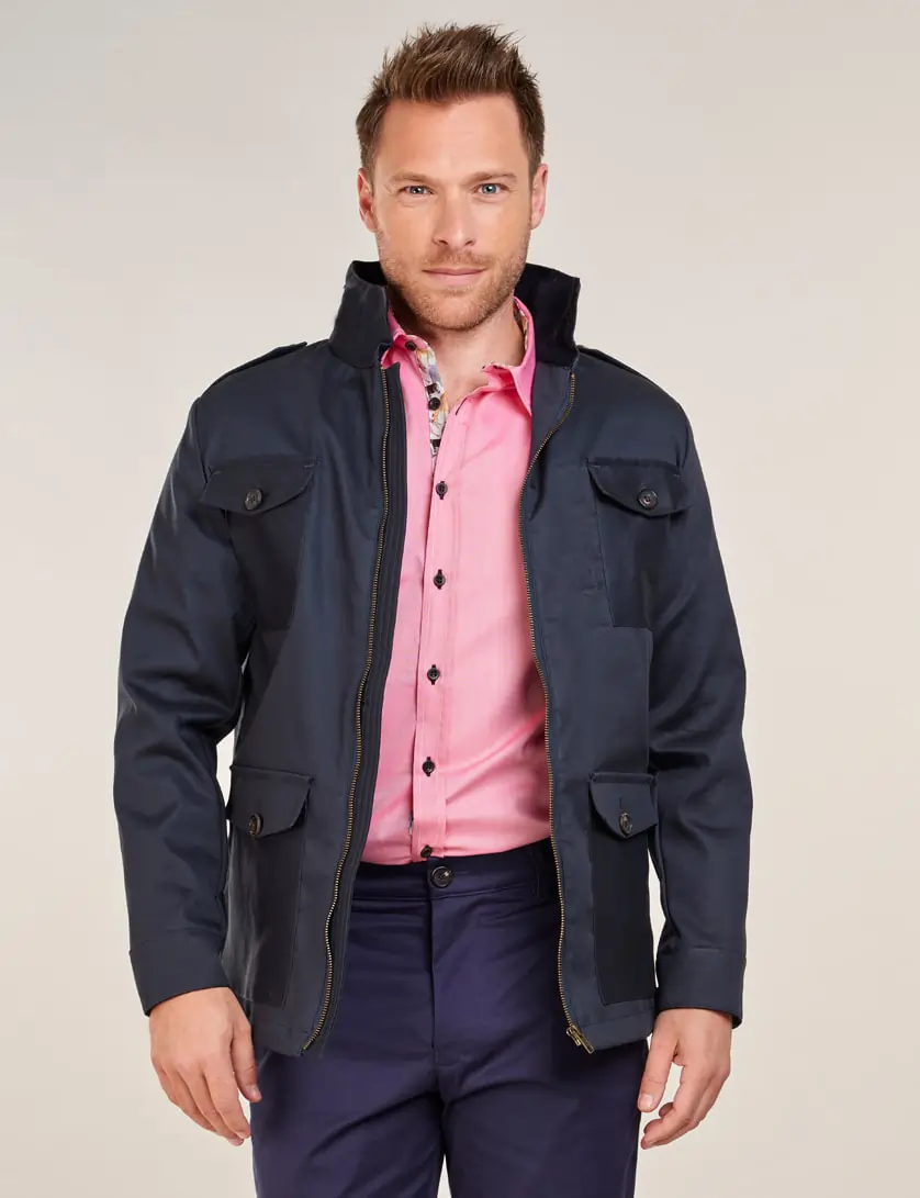 navy field jacket with pink oxford shirt for men