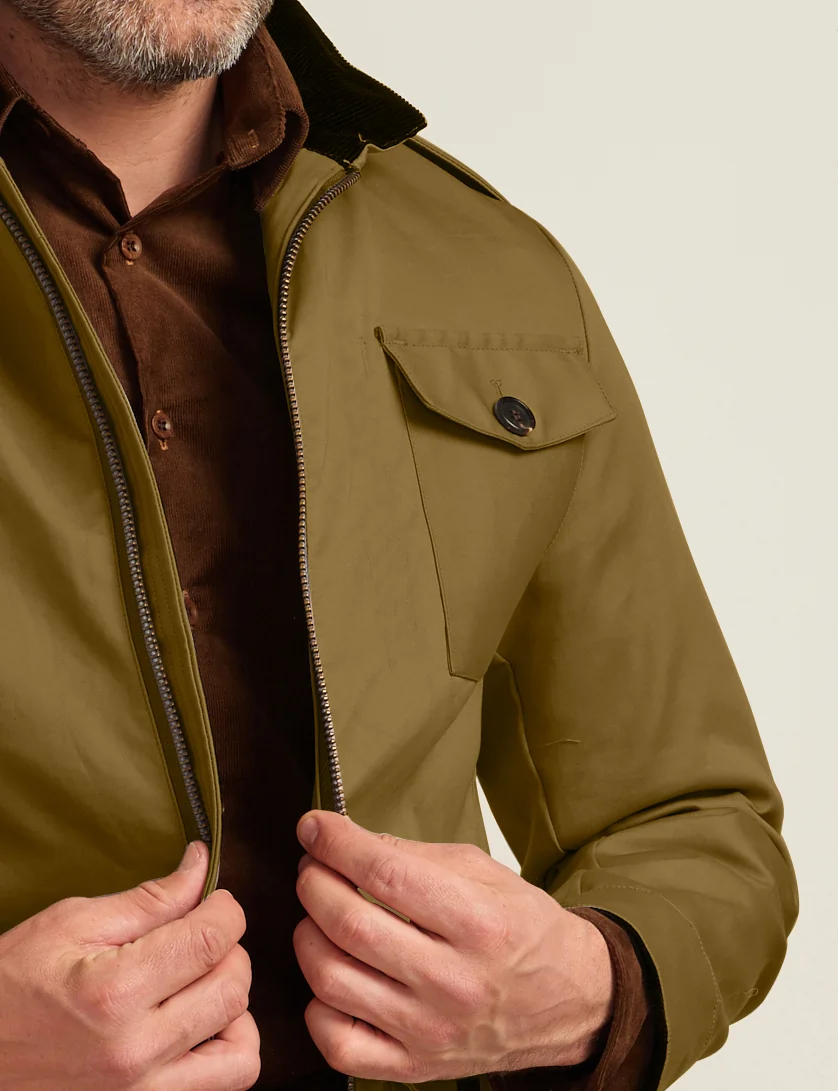 close up of khaki green field jacket