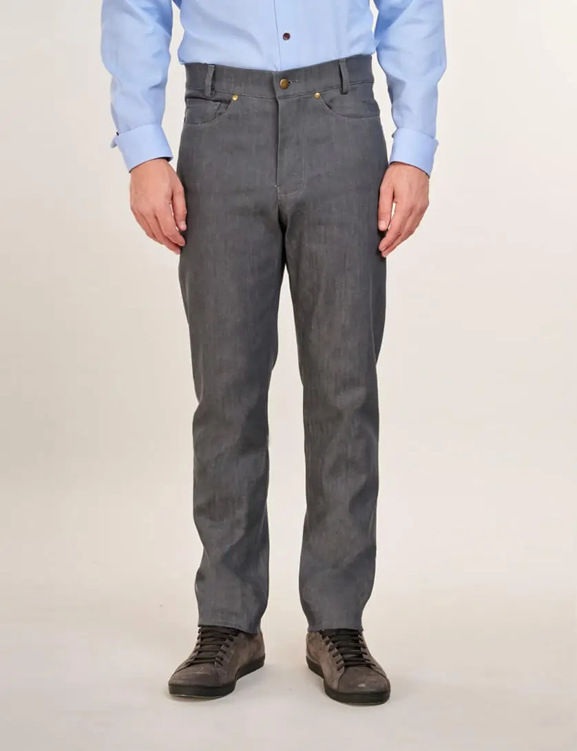 mens blue double cuff shirt with grey denim jeans