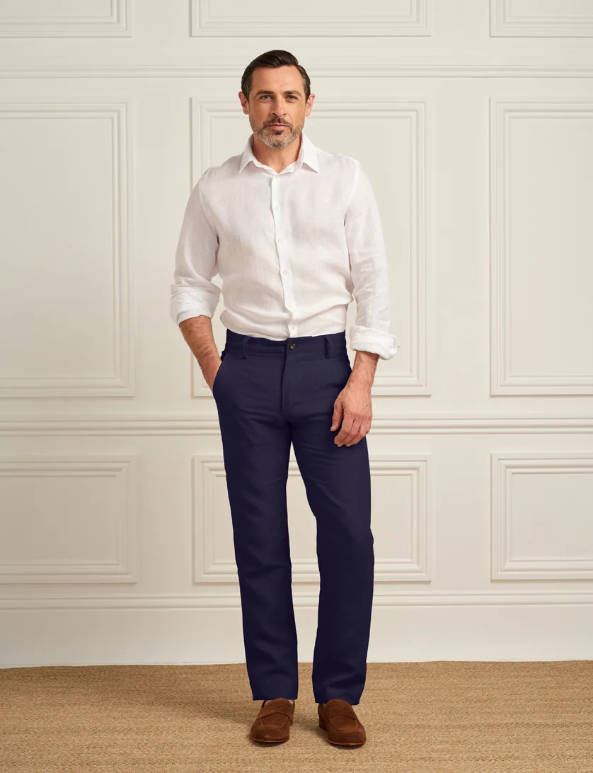 Navy Linen Trousers (Slim Leg)