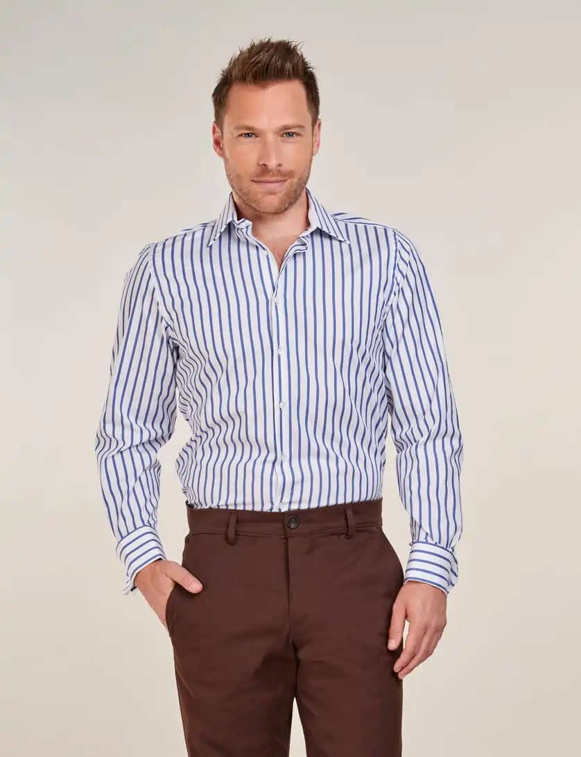 blue striped shirt with brown chinos for men