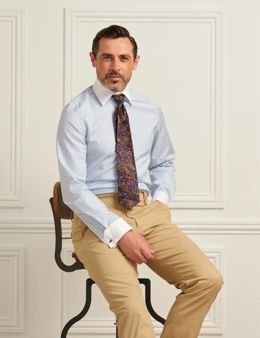 blue striped shirt with white collar