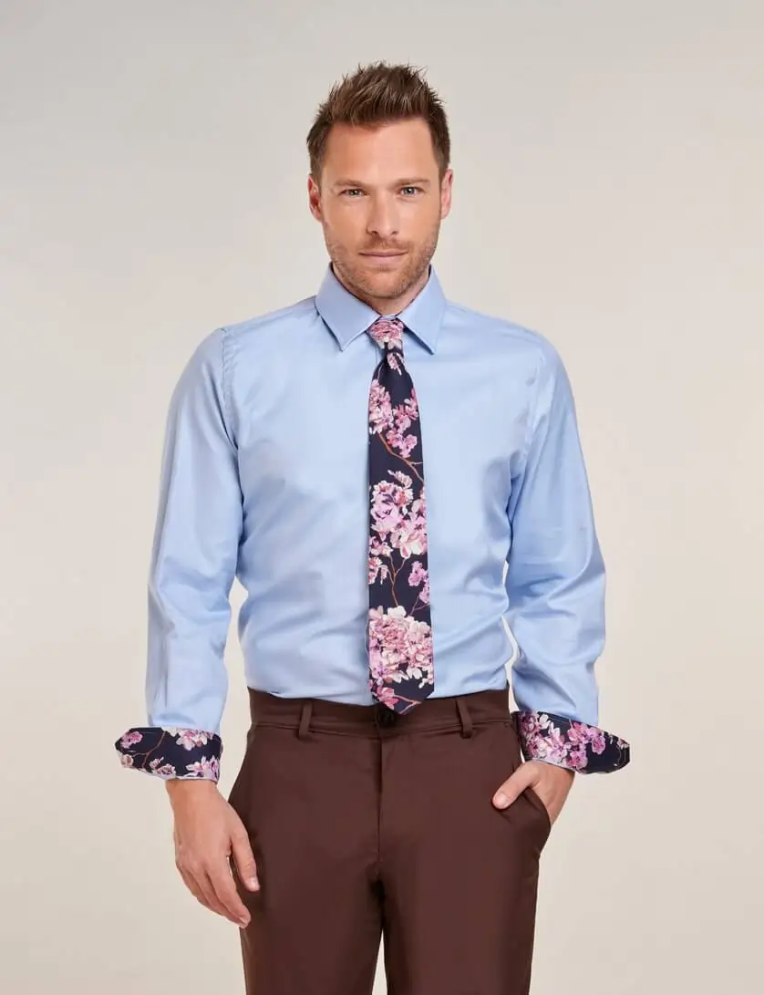 light blue shirt with floral tie