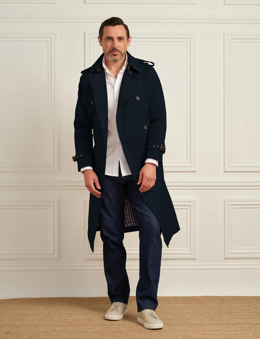 Mens Navy Long  Trench Coat