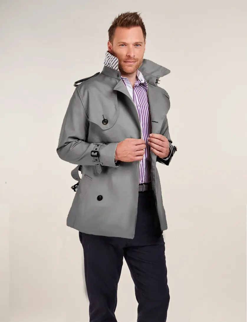 Mens  Grey Short Trench Coat