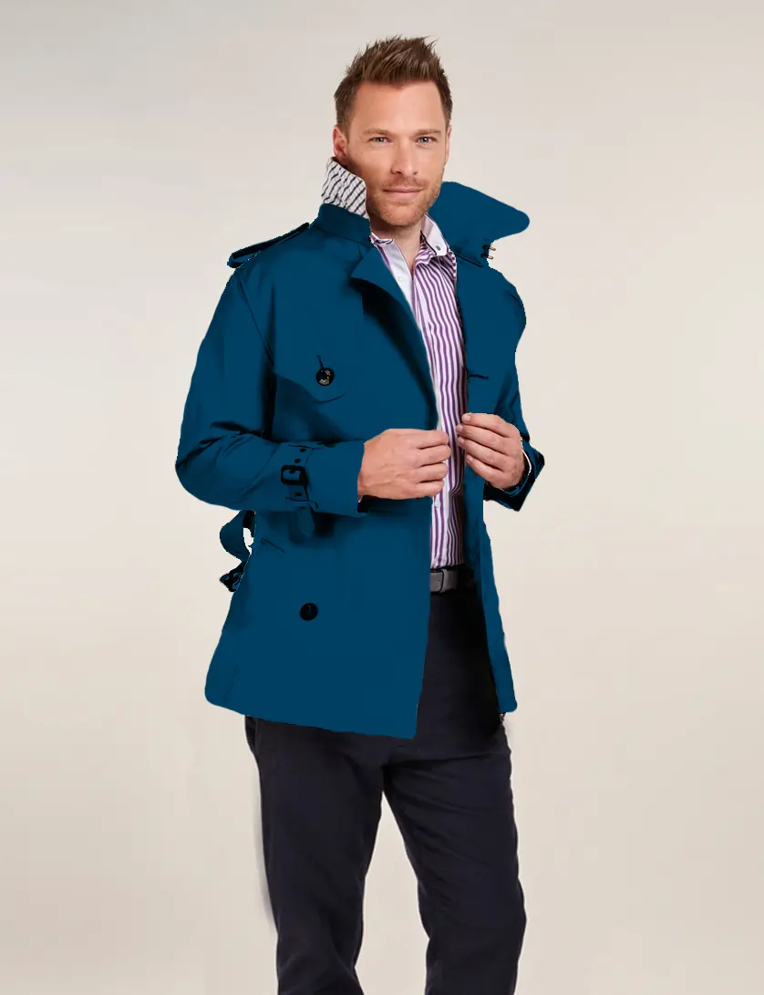 Mens Blue Short Trench Coat