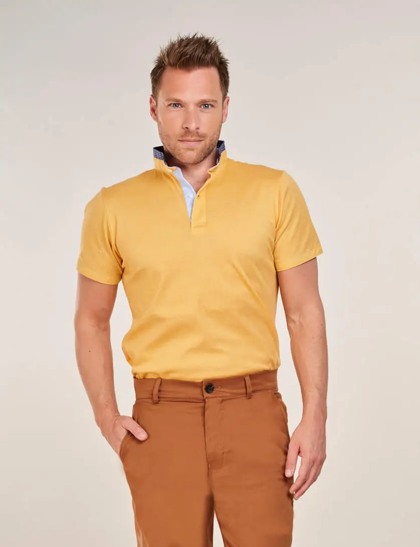 yellow polo shirt with tobacco chinos for men