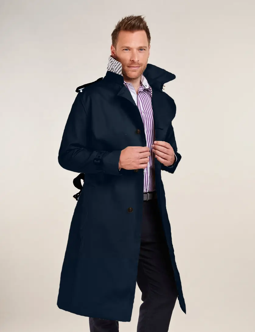 Mens Single Breasted Navy Long  Trench Coat