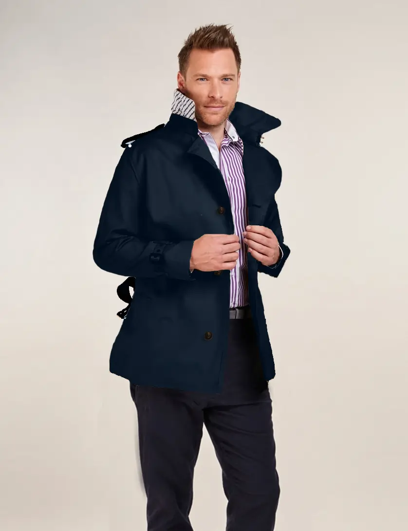 Mens Single Breasted Navy Short Trench Coat