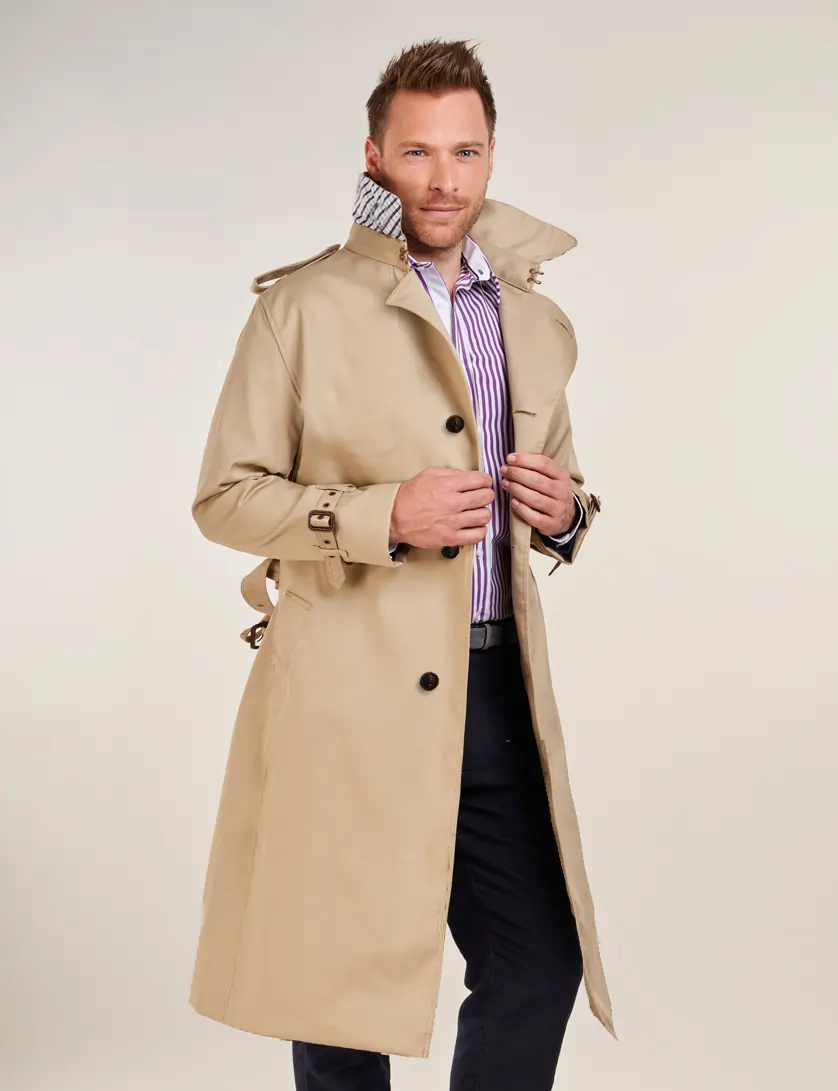 Mens Single Breasted Beige Long  Trench Coat