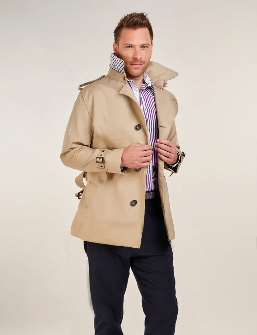 Mens Single Breasted Beige Short Trench Coat