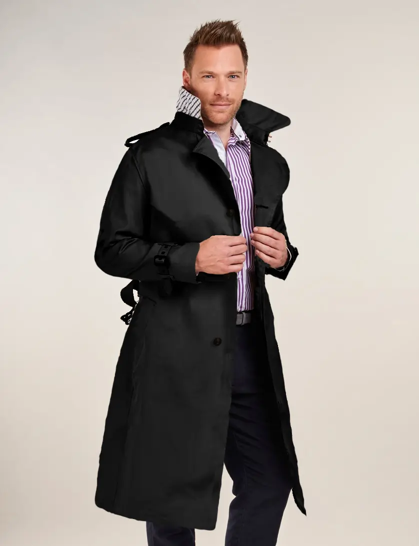 Mens Single Breasted Black Long  Trench Coat