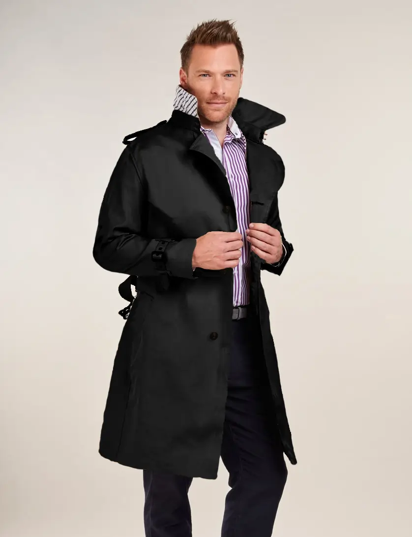 Mens Single Breasted Black Trench Coat