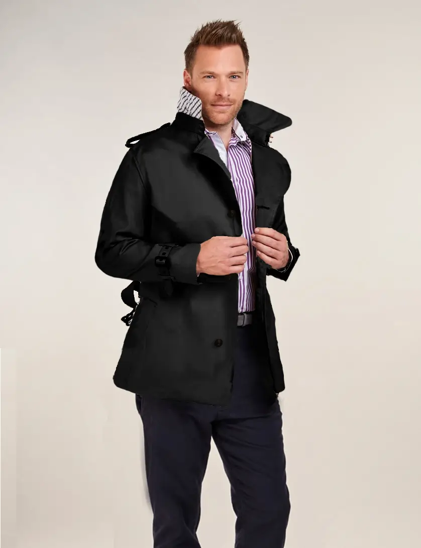 Mens Single Breasted Black Short Trench Coat