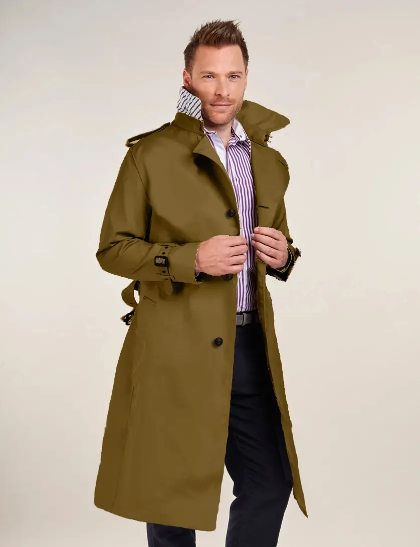 Mens Single Breasted Green Long  Trench Coat