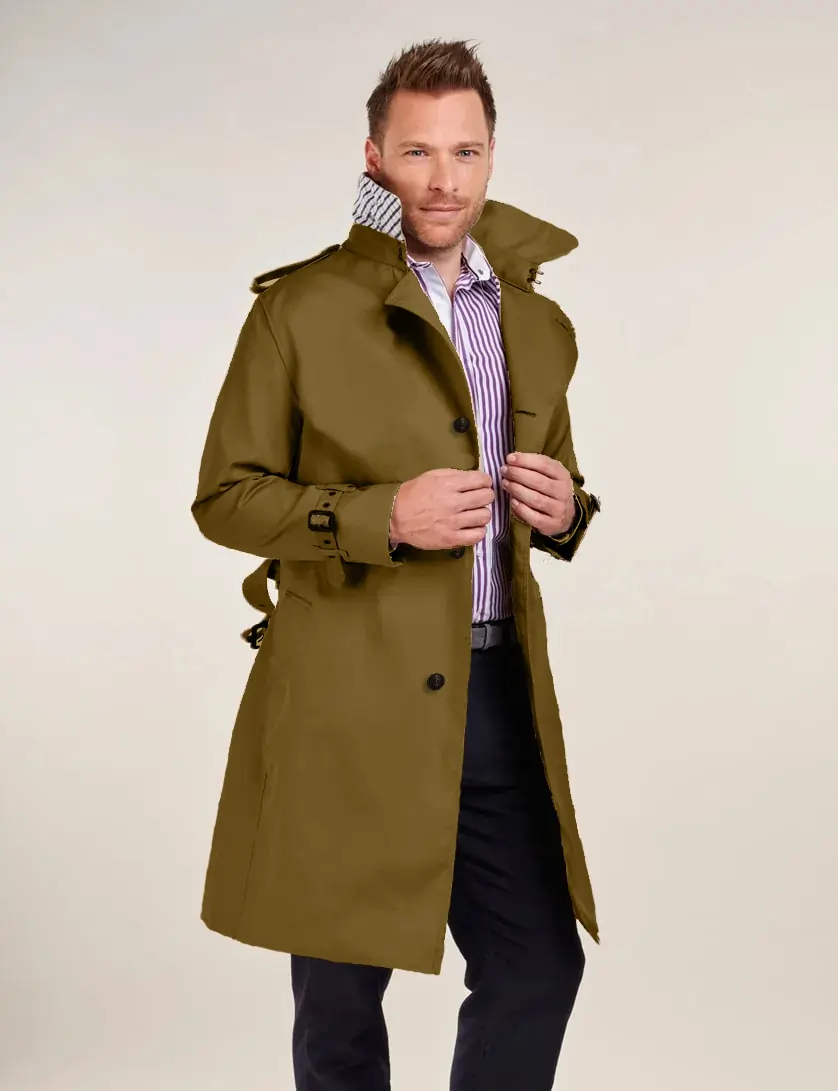 Mens Single Breasted Green Trench Coat