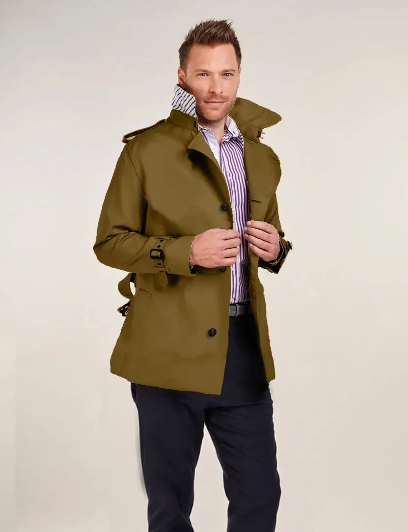 Mens Single Breasted Green Short Trench Coat