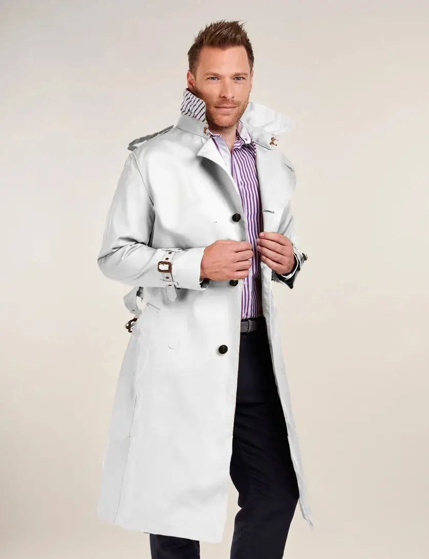 Mens Single Breasted White Long  Trench Coat