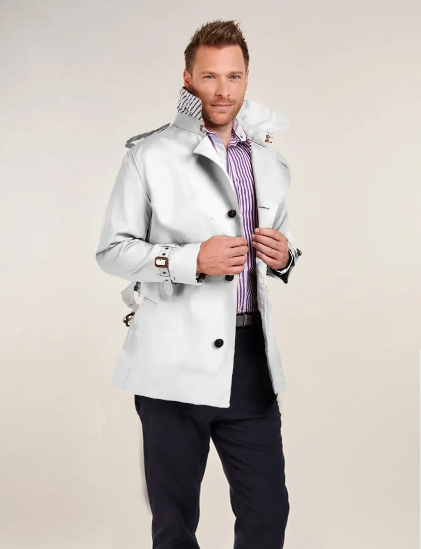 Mens Single Breasted White Short Trench Coat