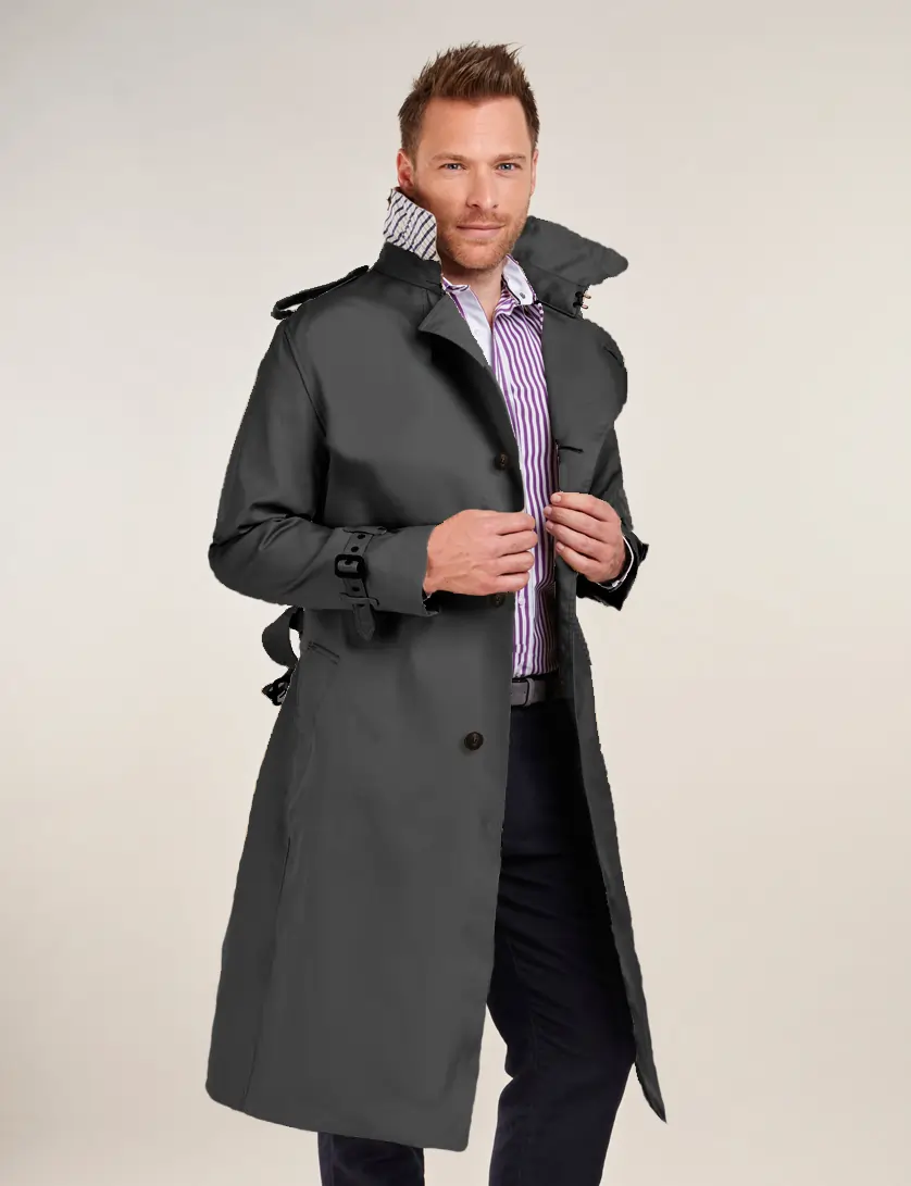 Mens Single Breasted Dark Grey Long  Trench Coat