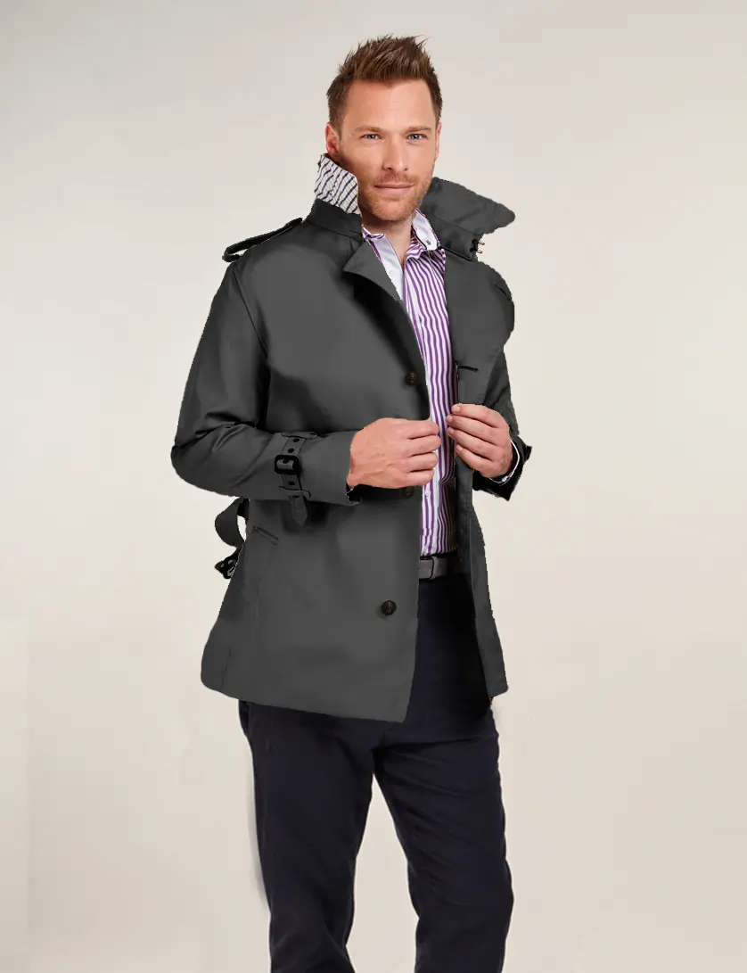 Mens Single Breasted Dark Grey Short Trench Coat