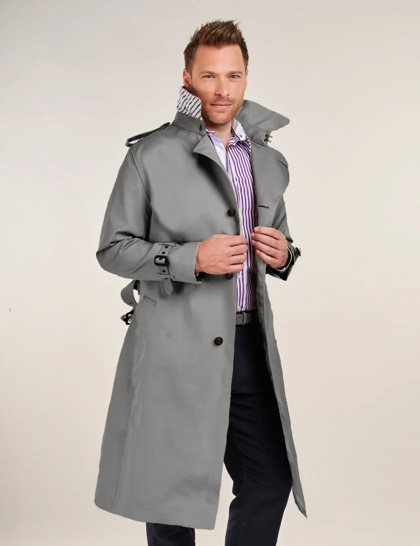 Mens Single Breasted  Grey Long  Trench Coat