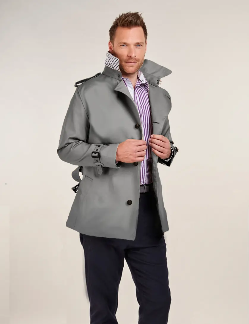 Mens Single Breasted  Grey Short Trench Coat