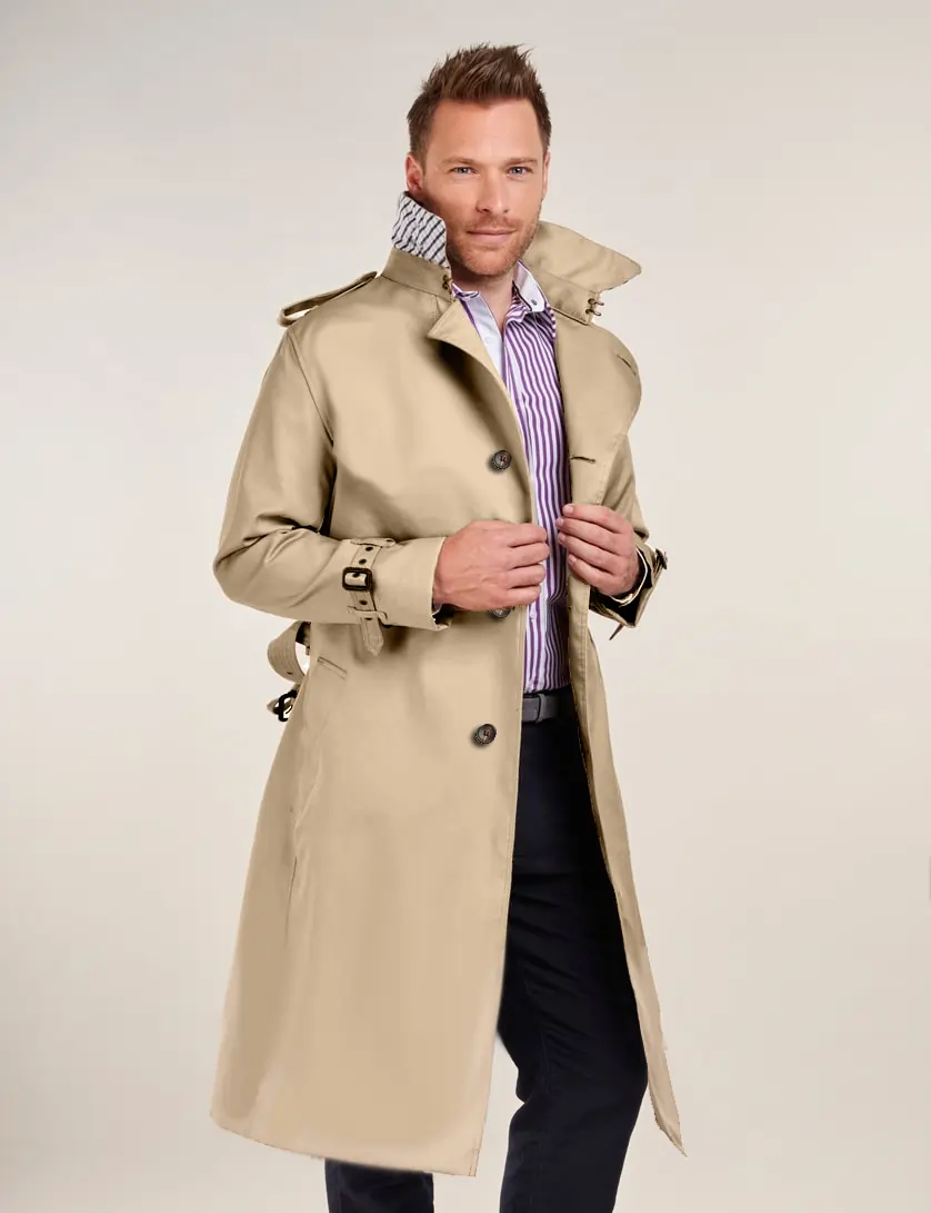 Mens Single Breasted Stone Long  Trench Coat