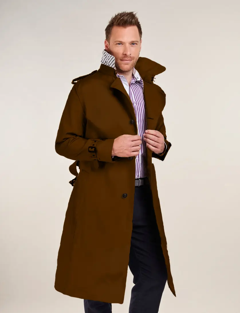Mens Single Breasted Brown Long  Trench Coat
