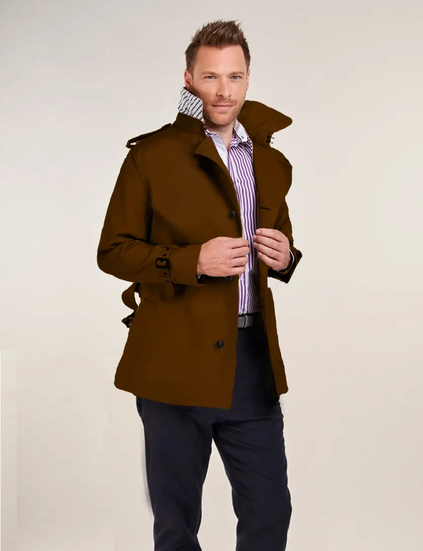 Mens Single Breasted Brown Short Trench Coat