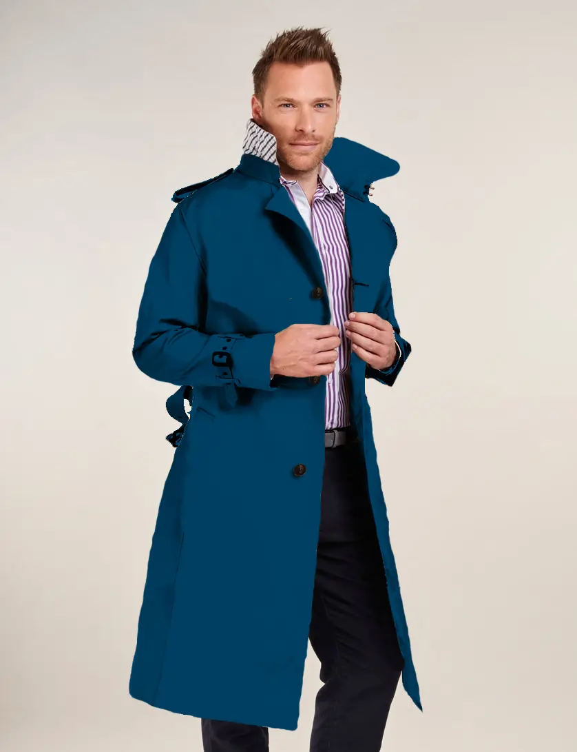 Mens Single Breasted Blue Long  Trench Coat