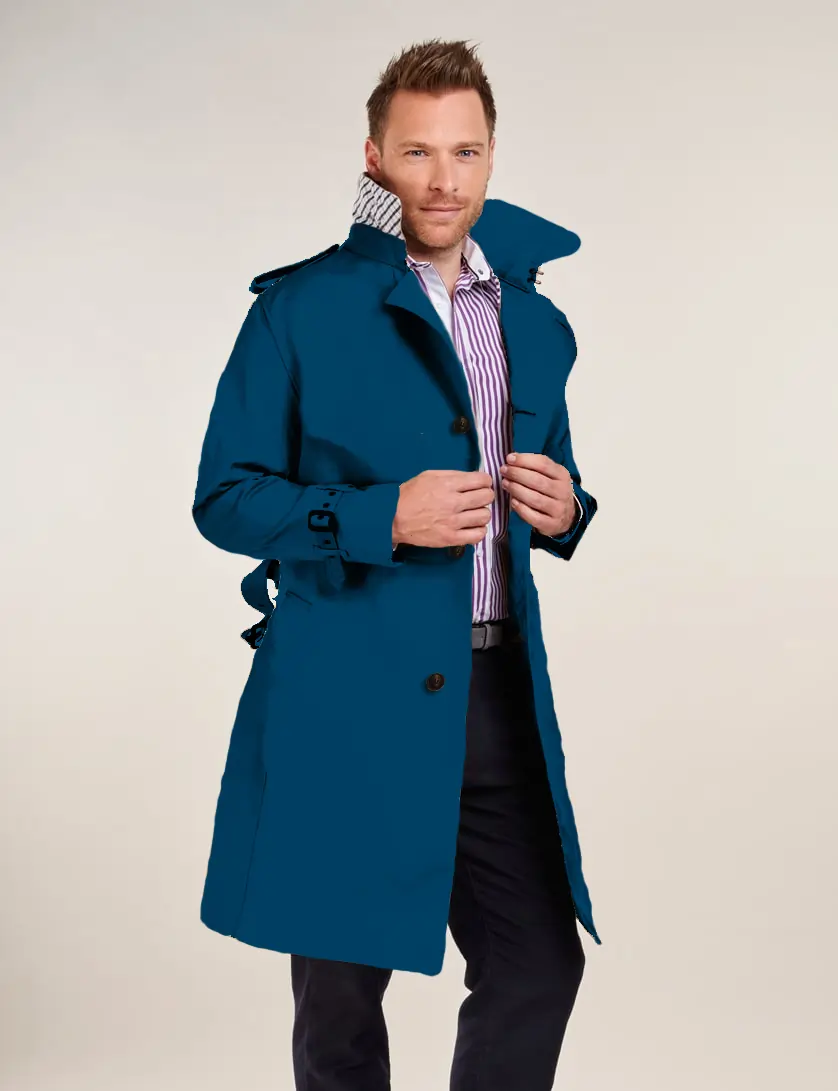 Mens Single Breasted Blue Trench Coat