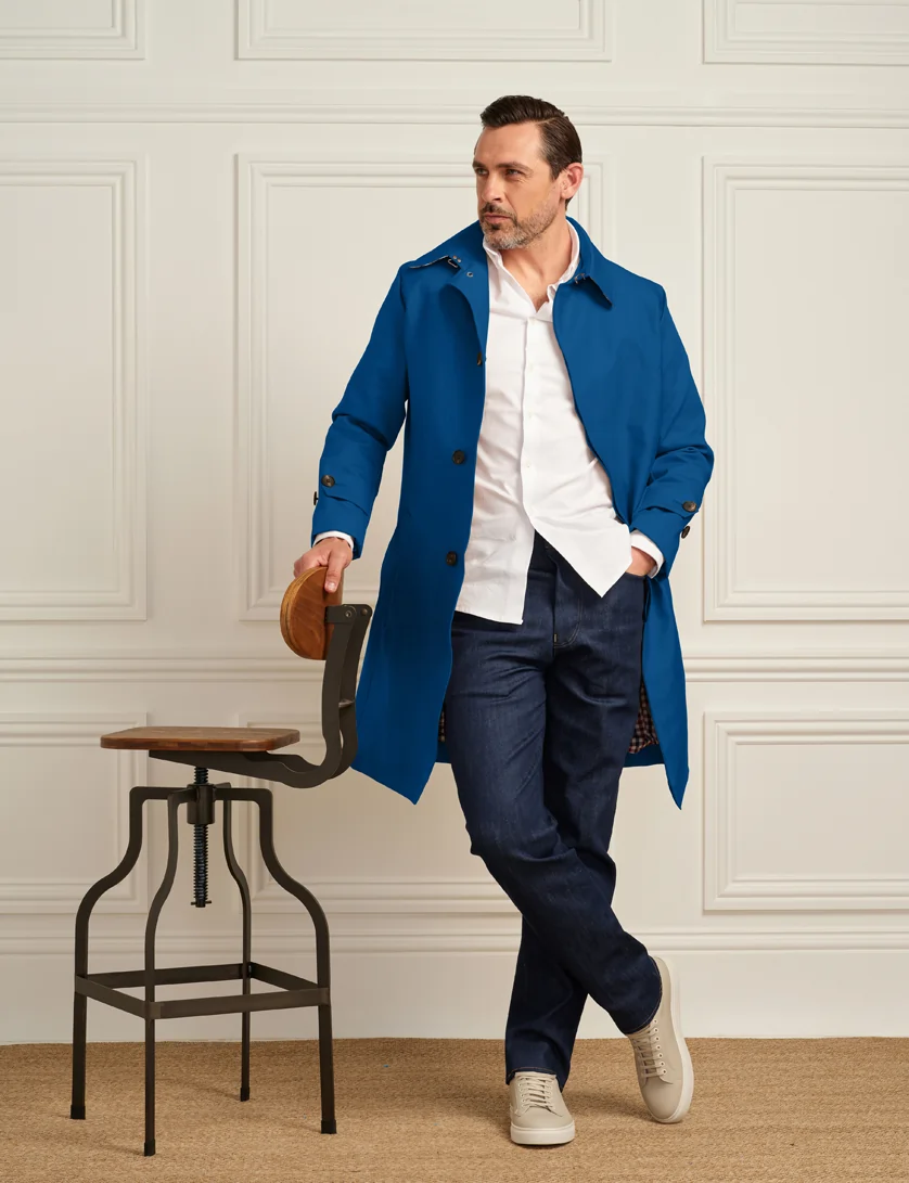 Mens Single Breasted Blue Trench Coat