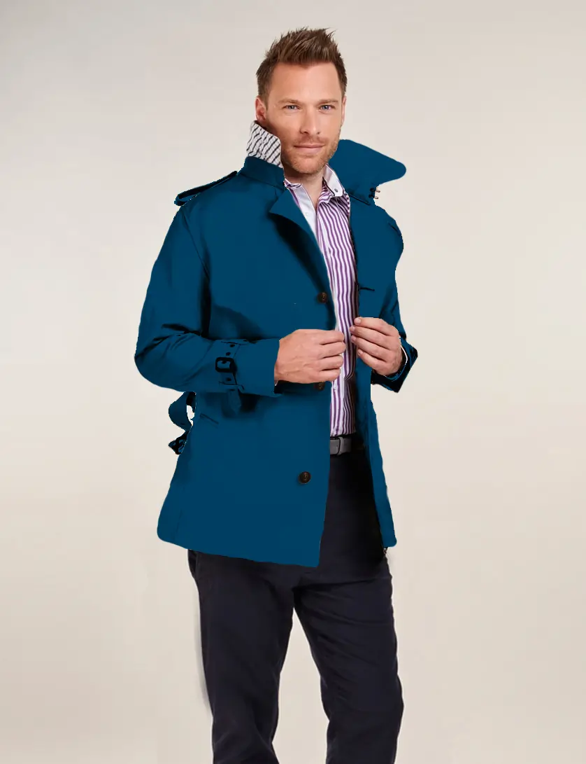 Mens Single Breasted Blue Short Trench Coat