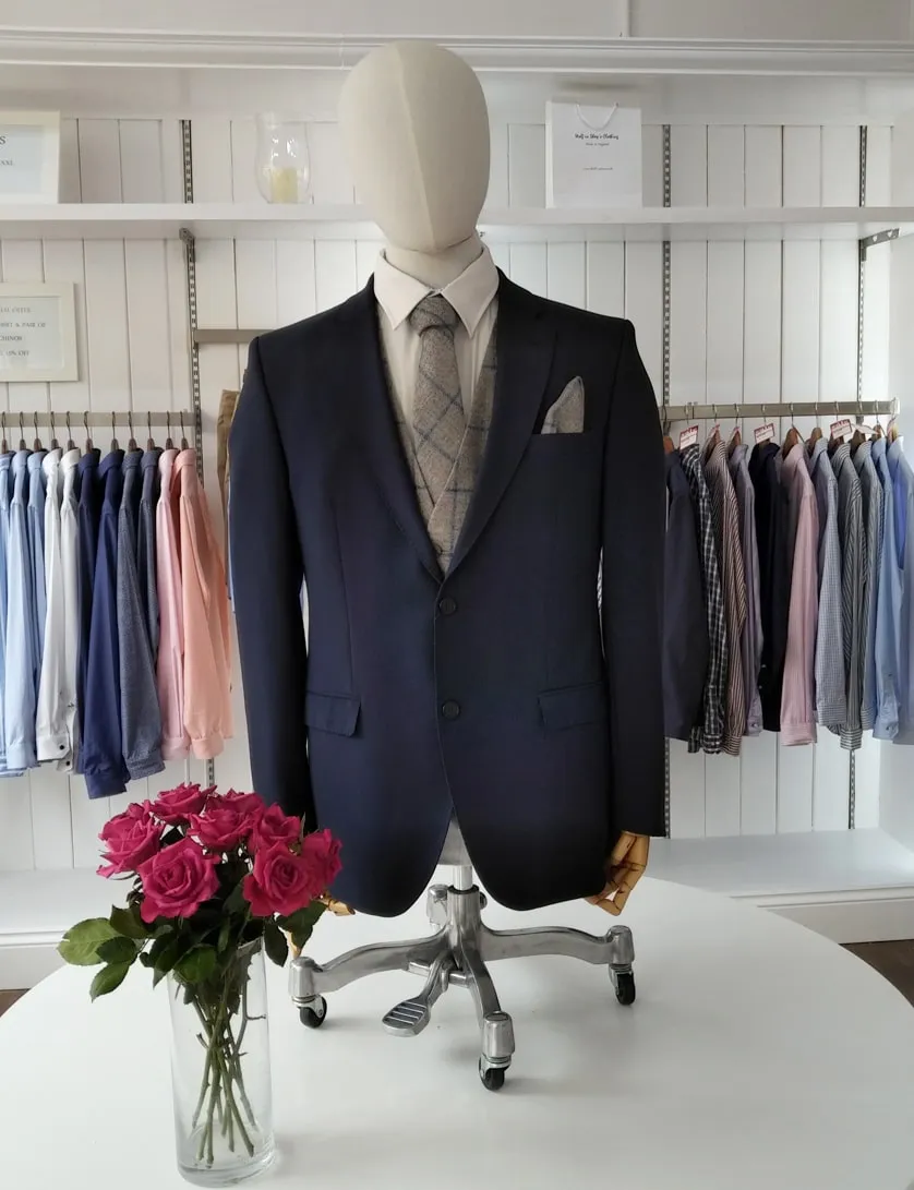 Blue Slimfit Suit with matching Tweed Waistcoat, Tie and Handkerchief 