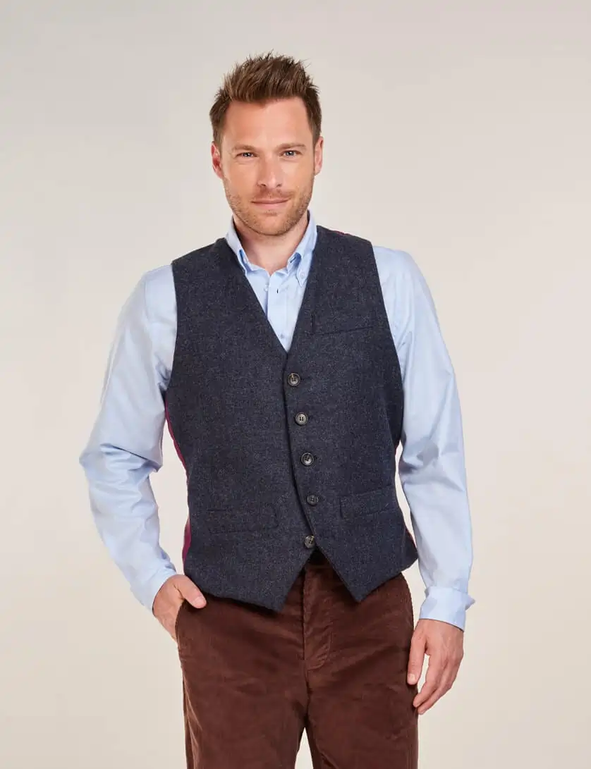 navy tweed waistcoat with brown cordruoy trousers